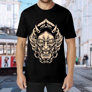 Brand New Men's Black Graphic T-Shirt with Beige Oni Mask Print